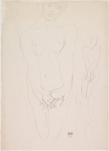 FEMME NUE AGENOUILLEE DE FACE, MAINS CROISEES DEVANT LE SEXE ; DEUX REPRISES DE LA SILHOUETTE SUR LA DROITE_0