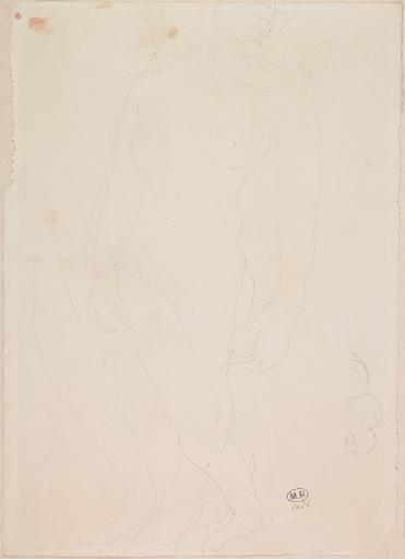FEMME NUE DEBOUT AUX PIEDS CROISES ; REPRISE D'UNE JAMBE SUR LA GAUCHE_0