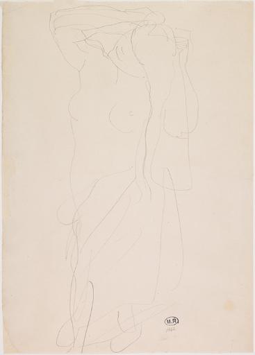 FEMME DEBOUT A DEMI NUE, SE PEIGNANT_0