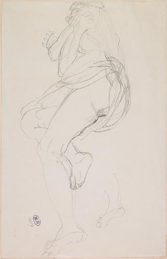 FEMME A DEMI NUE, ALLONGEE SUR LE FLANC, UNE JAMBE SOUS L'AUTRE, LES BRAS REPLIES ; REPRISE D'UN PIED SUR LA DROITE_0