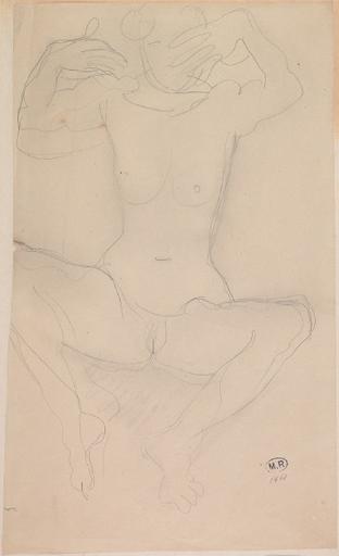 FEMME NUE ASSISE, DE FACE, BRAS RELEVES, JAMBES ECARTEES_0