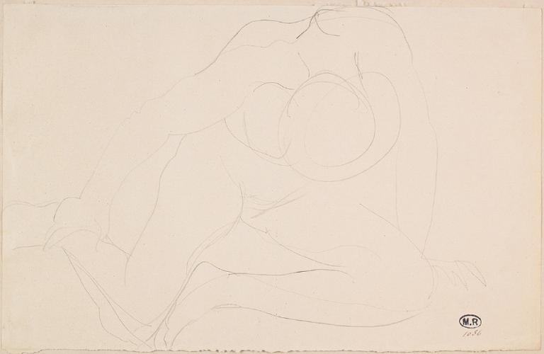 FEMME NUE ASSISE DE FACE, PENCHEE EN AVANT, UNE MAIN A LA CHEVILLE_0
