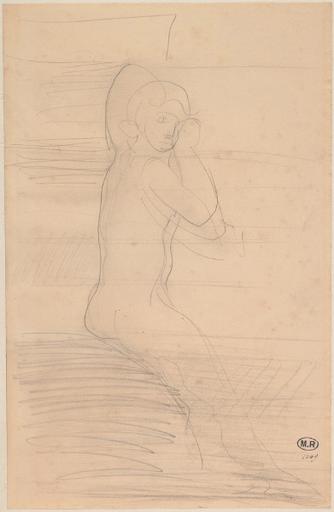 FEMME NUE ASSISE DE PROFIL A DROITE ; TRAITS HORIZONTAUX_0