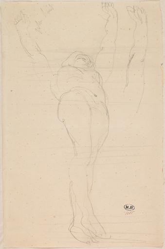 FEMME NUE ALLONGEE S'ETIRANT, PIEDS CROISES ; TRAITS HORIZONTAUX ; REPRISE DU BRAS GAUCHE SUR LA DROITE_0