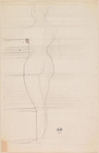 FEMME NUE DEBOUT, DE DOS ; TRAITS HORIZONTAUX SUR TOUTE LA FEUILLE_0