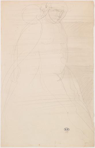 FEMME ASSISE TOURNEE VERS LA DROITE ; TRAITS HORIZONTAUX SUR TOUTE LA FEUILLE_0