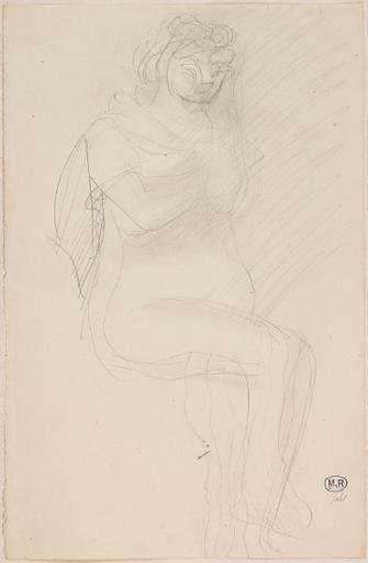 FEMME ASSISE VERS LA DROITE, JAMBES CROISEES, UN VETEMENT SUR LES EPAULES_0