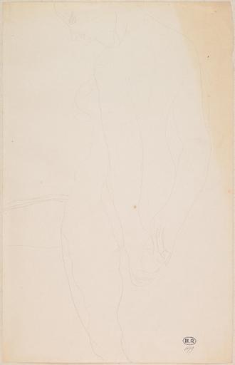 FEMME NUE DEBOUT DE PROFIL A GAUCHE, UNE JAMBE SOULEVEE, LES MAINS AU DOS_0
