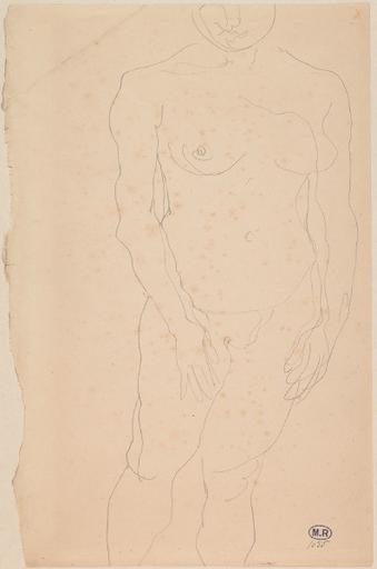 FEMME NUE DEBOUT, DE FACE, LES MAINS AUX CUISSES ; LE VISAGE EST COUPE PAR LE BORD DE LA FEUILLE ; CROIX ROUGE EN HAUT A DROITE_0