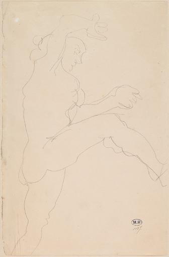 FEMME NUE DE PROFIL A DROITE, LEVANT BRAS ET JAMBE_0