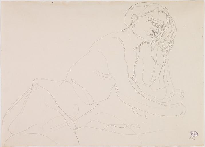 FEMME A DEMI NUE, VUE A MI-CORPS, ACCOUDEE VERS LA DROITE, LES MAINS A LA CHEVELURE_0