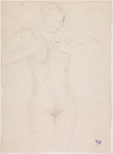 FEMME NUE DEBOUT, DE FACE, SE PRESSANT LES SEINS_0