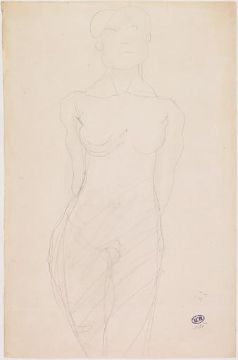 FEMME NUE DE FACE, VUE A MI-JAMBES, MAINS AU DOS_0