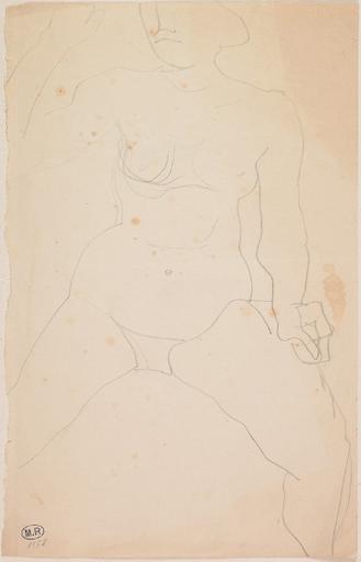 FEMME NUE ASSISE, DE FACE, JAMBES ECARTEES ; LE VISAGE ET LE BAS DES JAMBES SONT COUPES PAR LE BORD DE LA FEUILLE_0