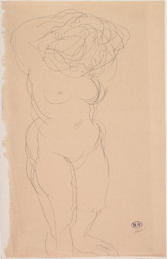 FEMME NUE DEBOUT, DE FACE, LES MAINS A LA CHEVELURE_0