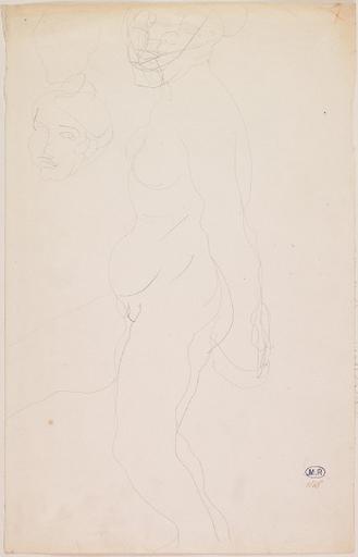 FEMME NUE DEBOUT DE PROFIL A GAUCHE, MAINS AU DOS ; DEUX REPRISES DU VISAGE EN HAUT A GAUCHE ; CROIX ROUGE EN HAUT A DROITE_0