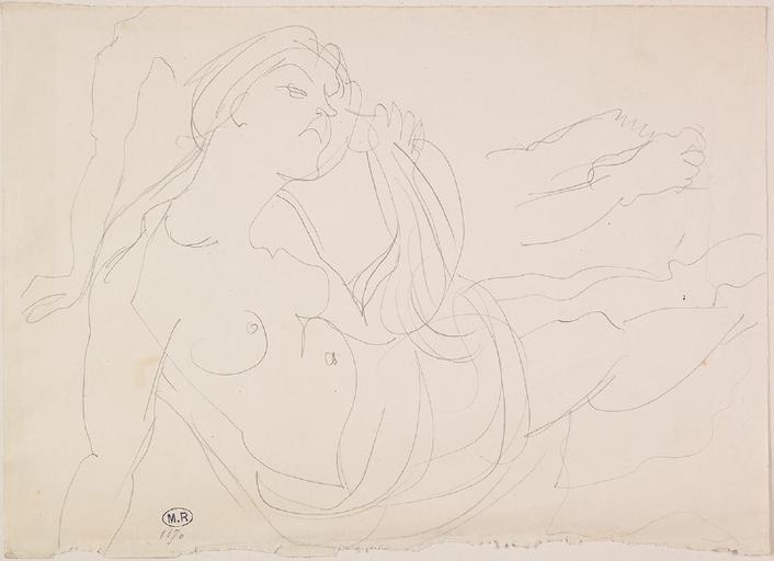 FEMME A DEMI NUE, A DEMI ALLONGEE VERS LA DROITE, EN APPUI SUR UNE MAIN ; REPRISE DU BRAS DROIT TENDU A GAUCHE ET DES PIEDS A DROITE_0
