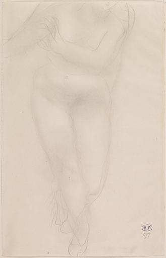 FEMME NUE DEBOUT, DE FACE, UN PIED EN RETRAIT, LES BRAS VERS LA GAUCHE ; LE VISAGE ET UN BRAS SONT COUPES PAR LE BORD DE LA FEUILLE_0