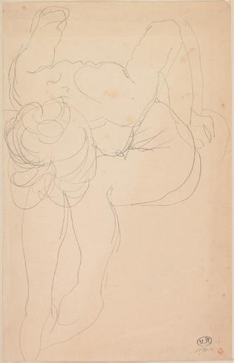FEMME NUE ASSISE VERS LA GAUCHE VERS LA GAUCHE, PENCHEE EN AVANT, BRAS EN ARRIERE ; ROND ROUGE EN BAS A DROITE_0