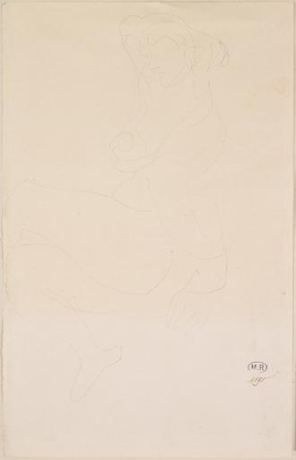 FEMME ASSISE DE PROFIL A GAUCHE, UN VETEMENT SUR LES EPAULES, JAMBES CROISEES, MAIN SUR LA TETE_0