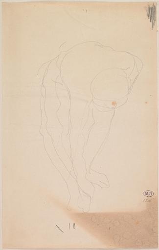 FEMME NUE DE FACE, PENCHEE, UNE MAIN AU PIED DROIT_0