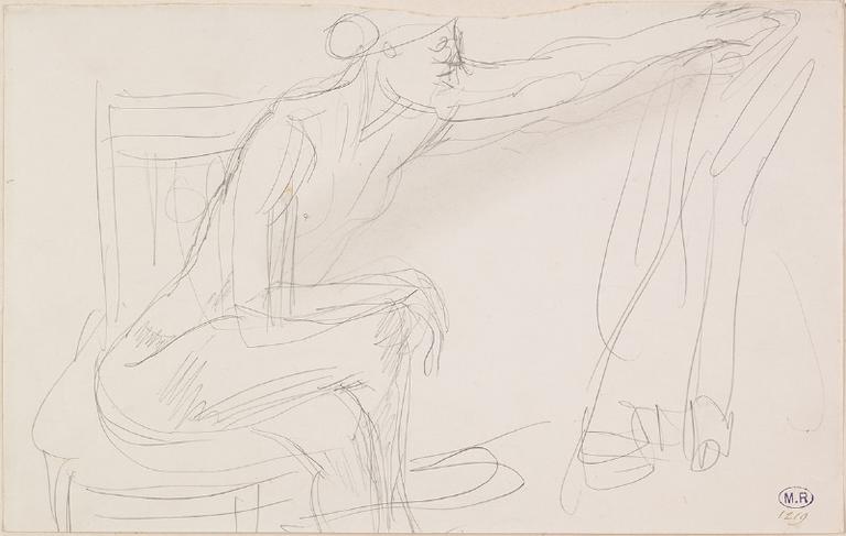 FEMME NUE ASSISE SUR UNE CHAISE, UN VETEMENT AU BOUT DU BRAS TENDU VERS LA DROITE_0