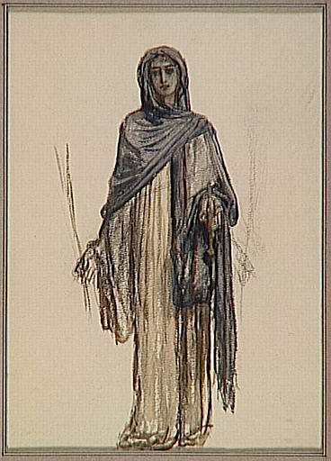 SAINTE DEBOUT EN VOILE GRIS, TENANT UNE PALME_0
