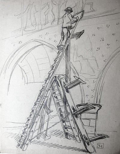 Mathurin Méheut relevant les fresques de Kermaria (la danse macabre) croquis [titre attribué]_0