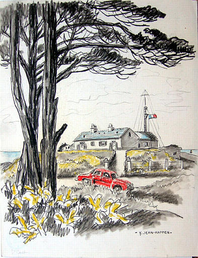 Saint-Cast : la voiture rouge sous les pins  MILL 1950 entre ; 1960 et [titre attribué]_0