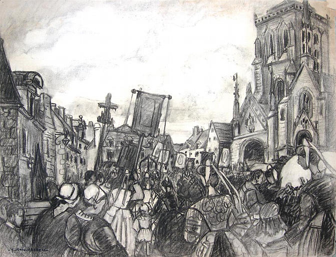 Pardon de la Troménie : arrivée de la procession sur la place de Locronan [titre attribué]_0