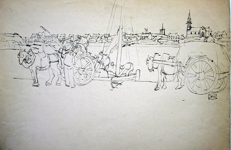 Ile de Batz : transbordement sur le quai (esquisse) [titre attribué]_0
