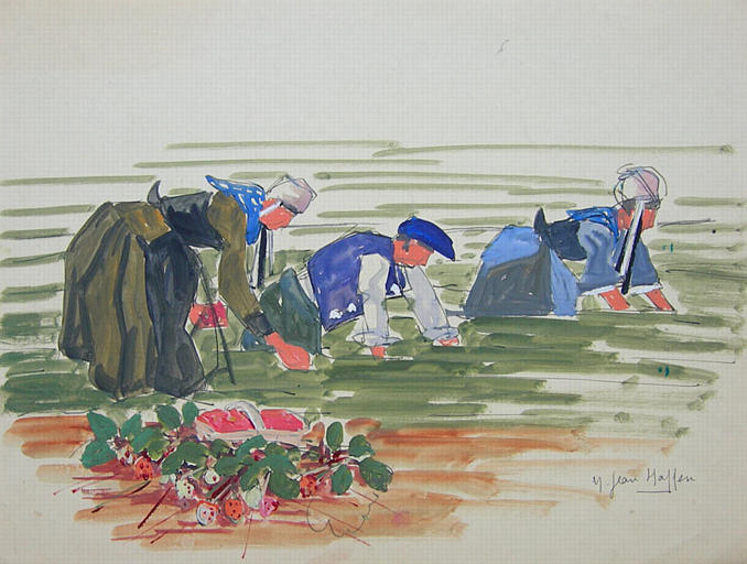 Deux femmes et un homme sur champ de fraises [titre attribué]_0