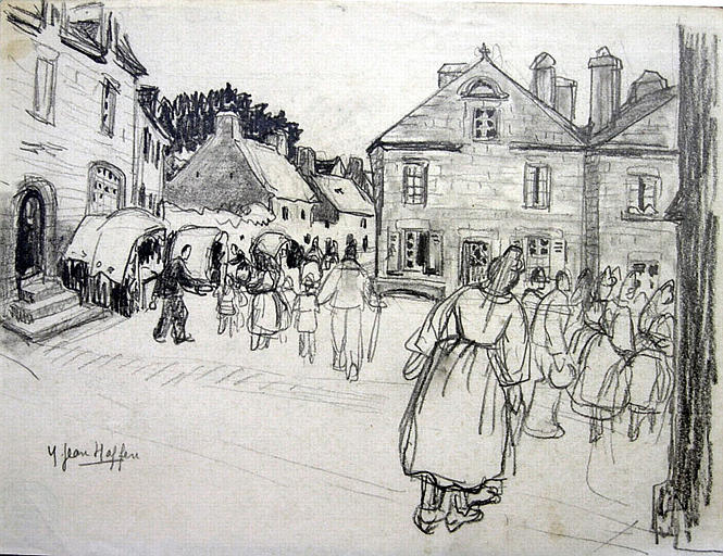 Locronan, sur la place (esquisse) [titre attribué]_0