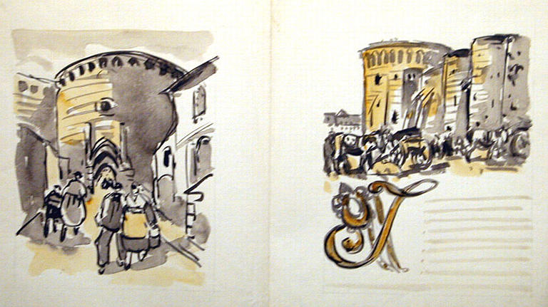 A : Porte du Jerzual, en montant le Petit Fort ; B : Marché devant la porte du Guichet [titre attribué]_0