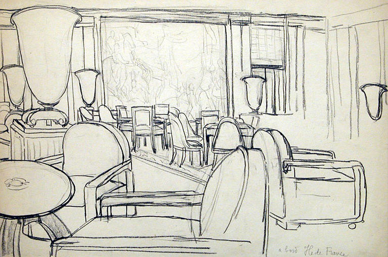 A bord de l'Ile de France : une salle intérieure (esquisse) [titre attribué]_0