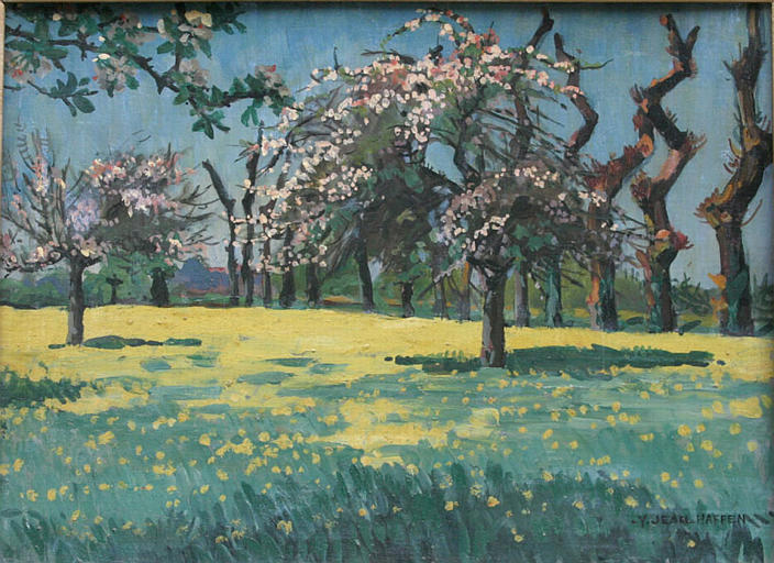 Pommiers en fleur dans un champ de colza [titre attribué]_0