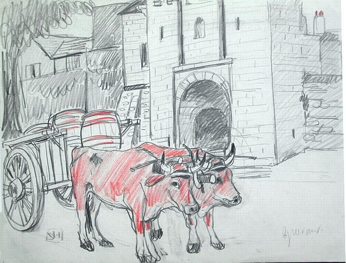 Deux grands boeufs rouges, devant la porte de Saillé [titre attribué]_0