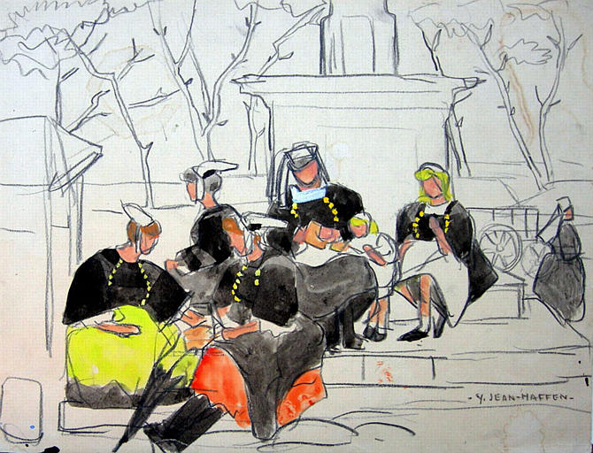 St Nicodème : femmes assises en costume traditionnel (esquisse) [titre attribué]_0