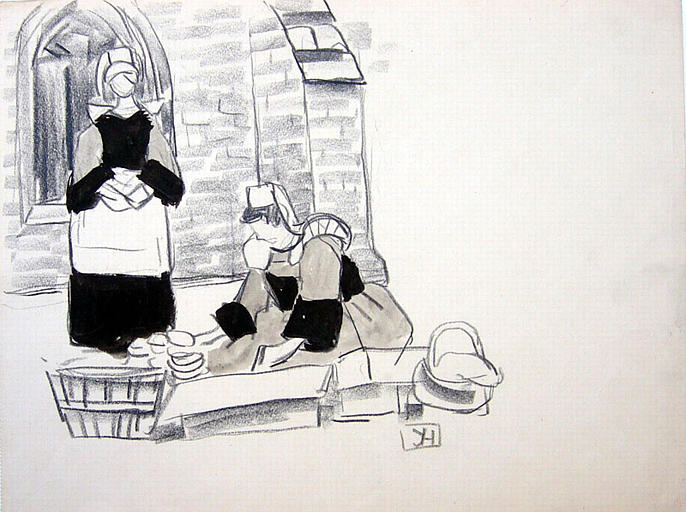 Le Faouët : on prépare les éventaires près de la chapelle (étude) [titre attribué]_0
