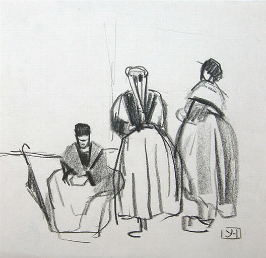 Le Faouët : trois femmes et un parapluie (esquisse) [titre attribué]_0