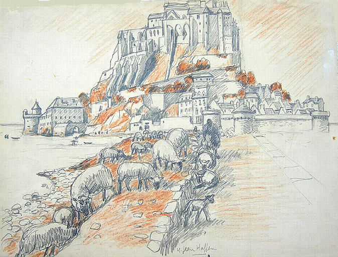 Le Mont Saint Michel : les moutons sur la digue [titre attribué]_0