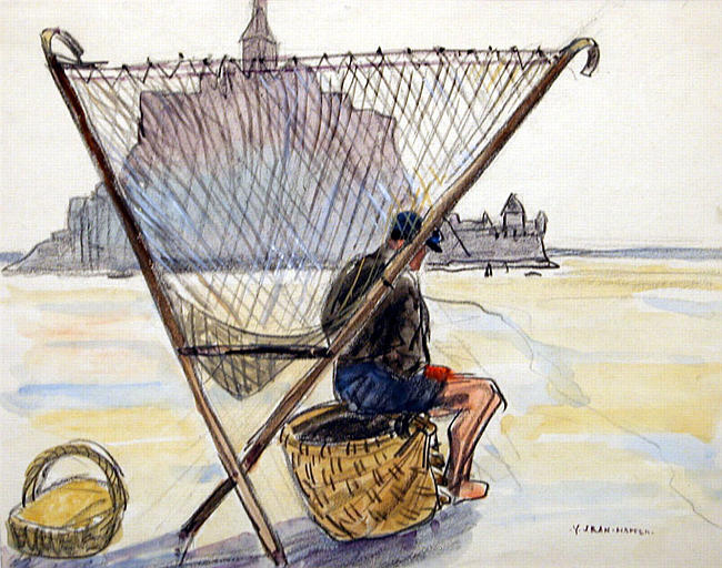 Baie du Mont St Michel : pêcheur de dos, assis devant son filet [titre attribué]_0