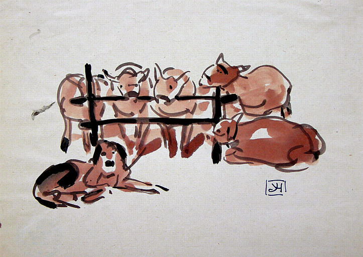 Chien de berger et moutons (esquisse : version rose) [titre attribué]_0