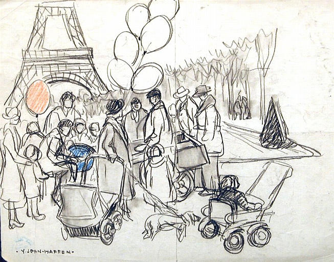 Les ballons au pied de la Tour Eiffel (esquisse) [titre attribué]_0