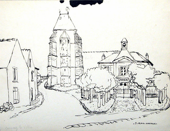 Cernay-la-Ville : mairie et église (esquisse) [titre attribué]_0