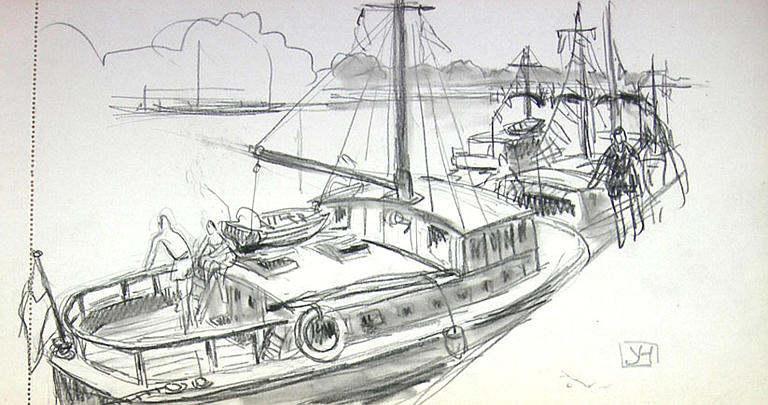 Région parisienne : bateaux à quai (esquisse) [titre attribué]_0