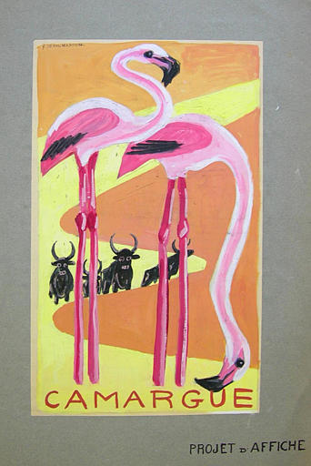 Camargue : taureaux et flamants roses (projet pour une affiche) [titre attribué]_0