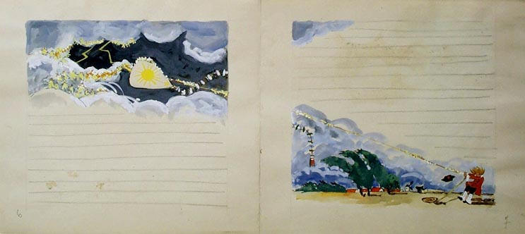 Pages 5, 6, 7, 8 : les fourmis ; Cerf-volant dans la tempête ; Benjamin tient le cerf-volant ; Girouette [titre attribué]_0