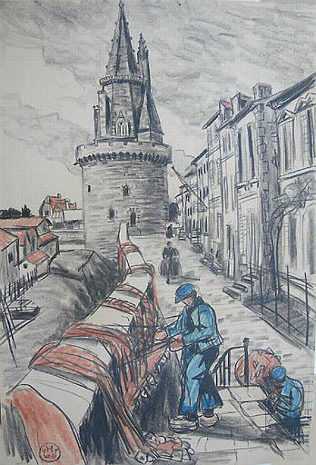 Entretien des filets devant une tour de La Rochelle [titre attribué]_0