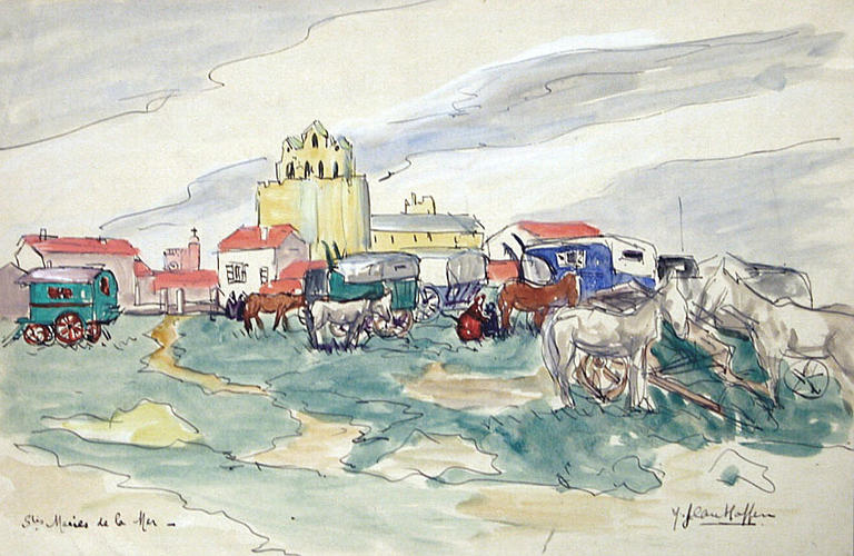 Les roulottes de gitans aux Saintes-Maries [titre attribué]_0